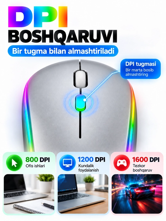 Simsiz sichqoncha Bluetooth 5.0/2.4G, RGB, 1600 DPI, Type-C quvvatlanadigan