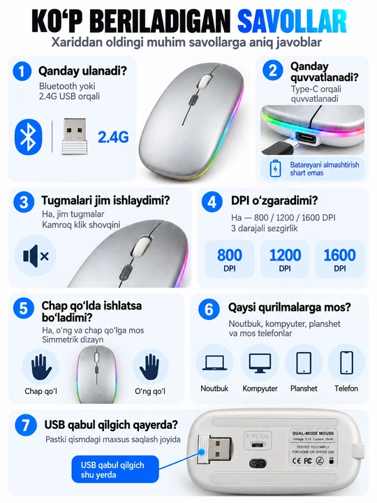 Simsiz sichqoncha Bluetooth 5.0/2.4G, RGB, 1600 DPI, Type-C quvvatlanadigan