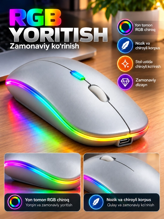 Simsiz sichqoncha Bluetooth 5.0/2.4G, RGB, 1600 DPI, Type-C quvvatlanadigan