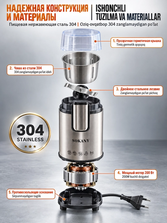 SOKANY SK-3020S Электрическая кофемолка 200Вт,90г,нержавеющая сталь 304,для кофе и специй - 