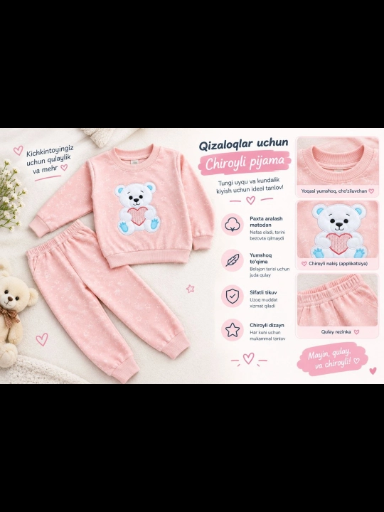 3 oydan 6 oygacha bo‘lgan chaqaloqlar uchun uzun yengli yumshoq paxta pijama
