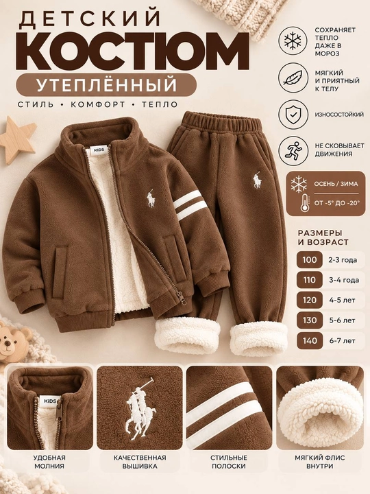 Детский утепленный флисовый спортивный костюм для мальчиков, зимний - 