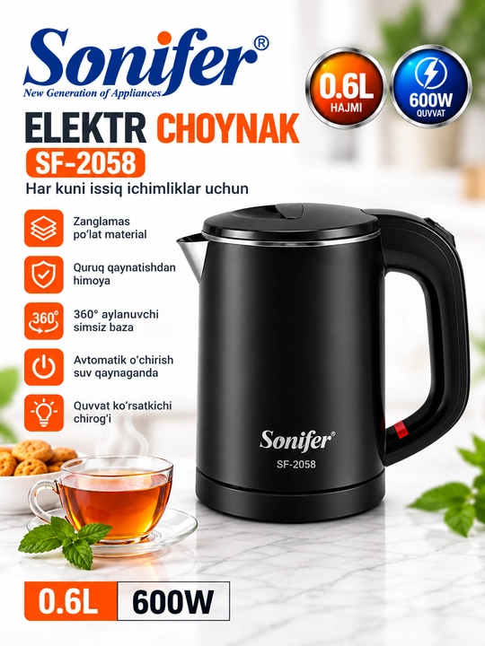 Elektr choynak Sonifer SF-2058, 0,6 litr, 600 Vt, zanglamaydigan po‘lat - 