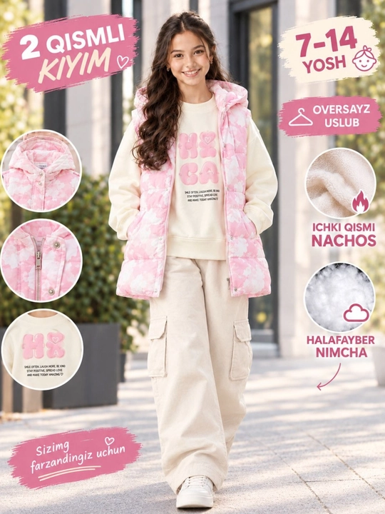 Qizlar uchun 2 qismli kiyim: nimcha va kofta, 7–14 yosh, oversize - 
