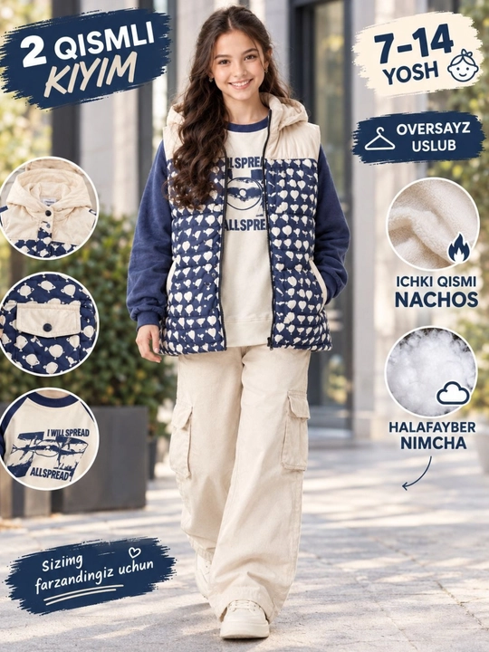 Qizlar uchun 2 qismli kiyim: nimcha va kofta, 7–14 yosh, oversize - 