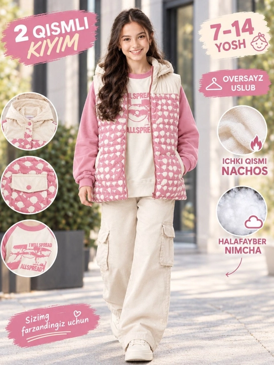 Qizlar uchun 2 qismli kiyim: nimcha va kofta, 7–14 yosh, oversize - 
