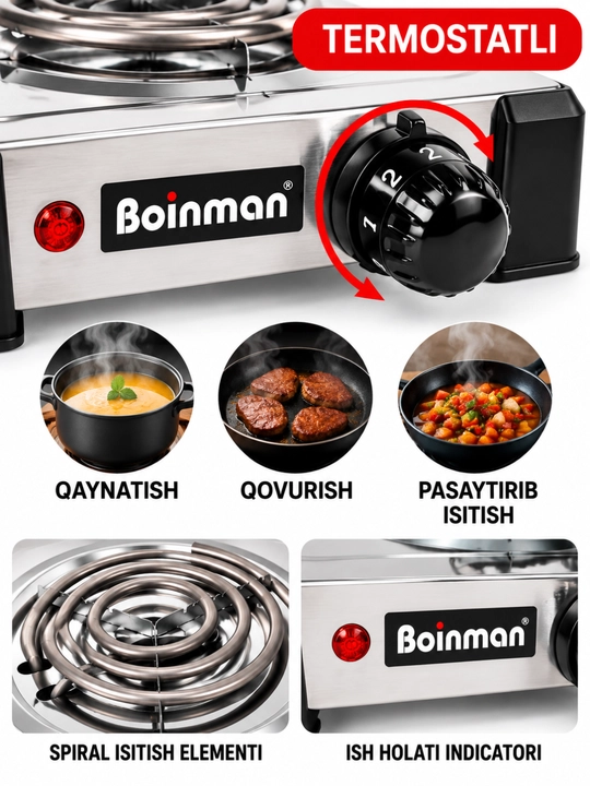 Elektr plita Boinman, 1 konforkali, spiral isitkichli, zanglamaydigan po‘lat