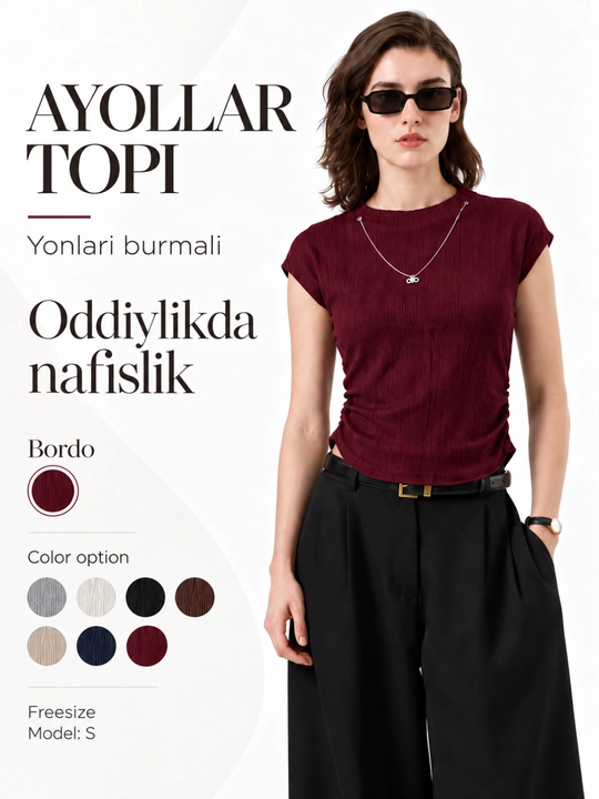 Ayollar topi, qisqa yengli, yonlari burmali, yumaloq yoqali, relyef naqshli, futbolka - 