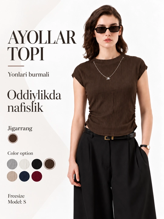 Ayollar topi, qisqa yengli, yonlari burmali, yumaloq yoqali, relyef naqshli, futbolka - 