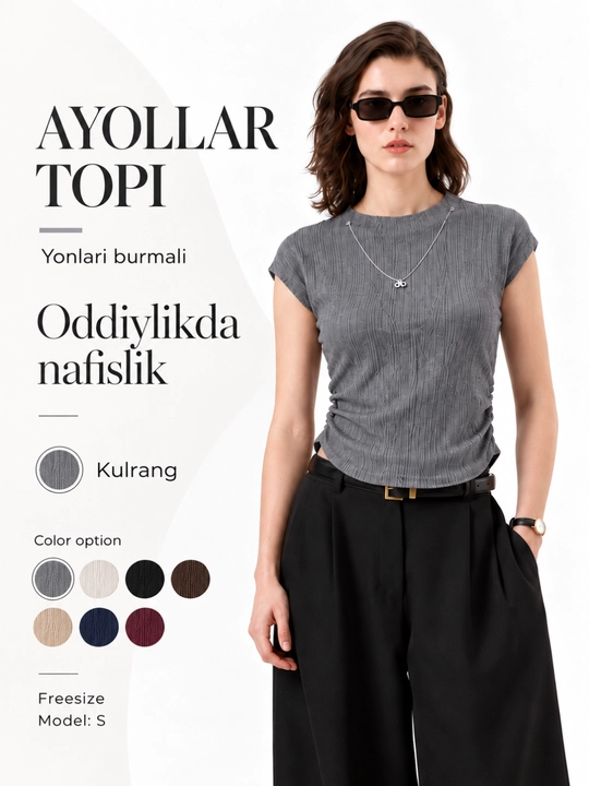 Ayollar topi, qisqa yengli, yonlari burmali, yumaloq yoqali, relyef naqshli, futbolka - 