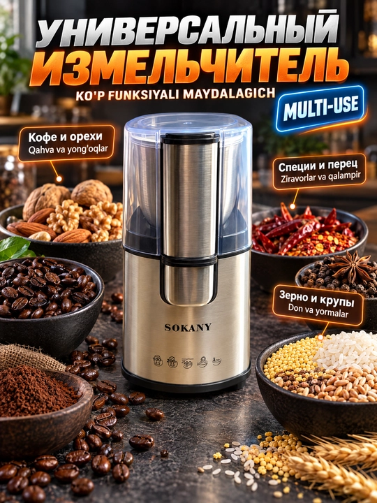 SK-3020S Kofe maydalagich 200 Vt,yopiq qopqoq,ziravorlar va kofe loviya maydalagich
