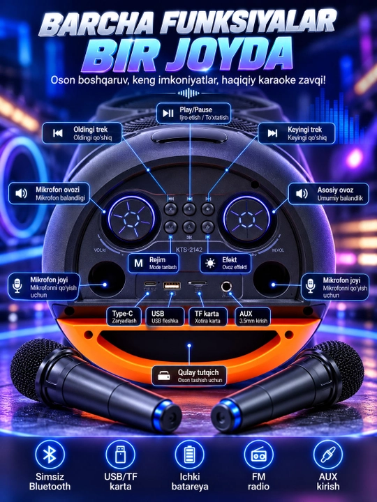 Brodu-2143 Karaoke kolonka 3×8", Bluetooth 5.3, 2 mikrofon, FM radio, USB/TF, AUX
