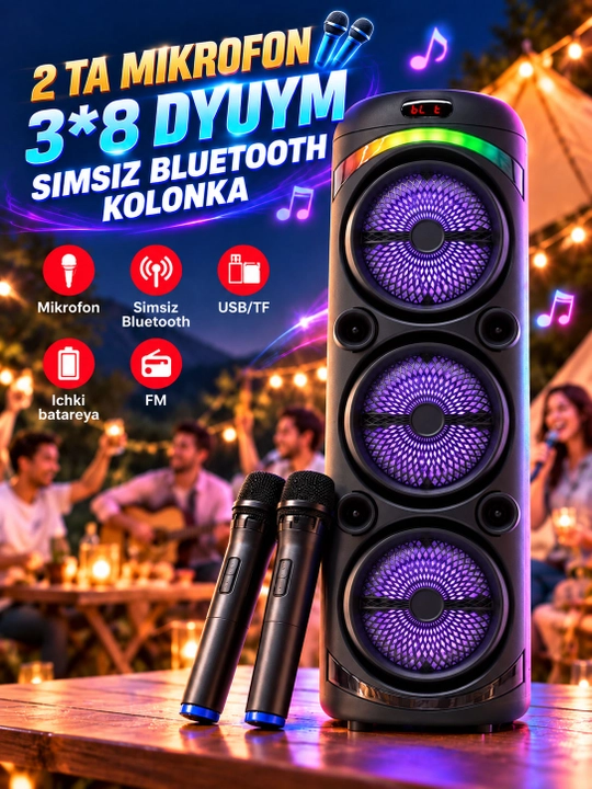 Brodu-2143 Karaoke kolonka 3×8", Bluetooth 5.3, 2 mikrofon, FM radio, USB/TF, AUX - 
