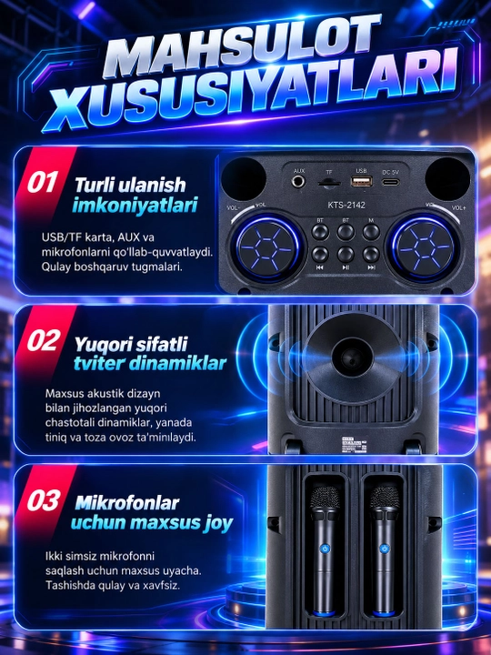Brodu-2143 Karaoke kolonka 3×8", Bluetooth 5.3, 2 mikrofon, FM radio, USB/TF, AUX