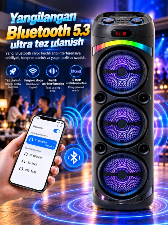 Brodu-2143 Karaoke kolonka 3×8", Bluetooth 5.3, 2 mikrofon, FM radio, USB/TF, AUX