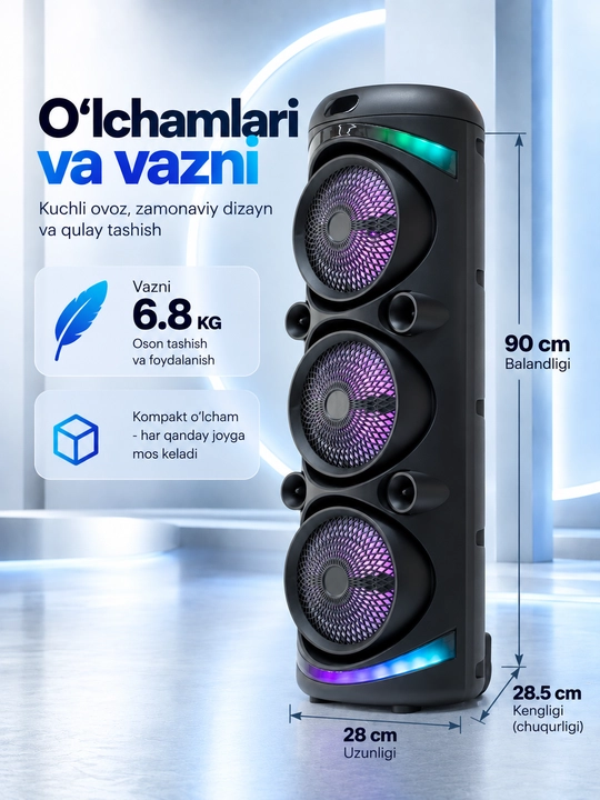 Brodu-2143 Karaoke kolonka 3×8", Bluetooth 5.3, 2 mikrofon, FM radio, USB/TF, AUX