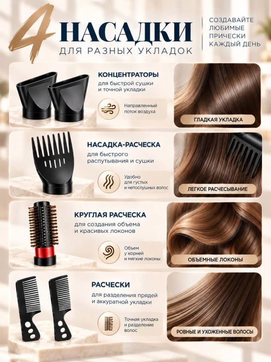 Фен для волос профессиональный PRO, высокая мощность, с насадками