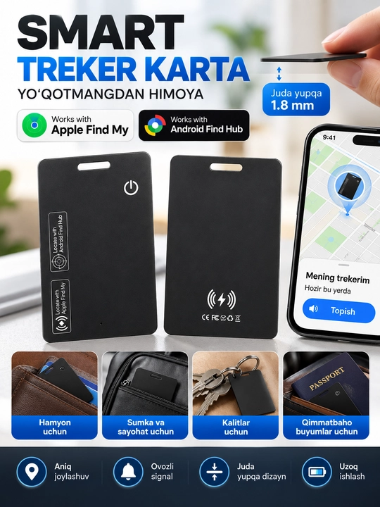 Умный трекер-карточка Bluetooth для Apple Find My и Android Find Hub, тонкий - 