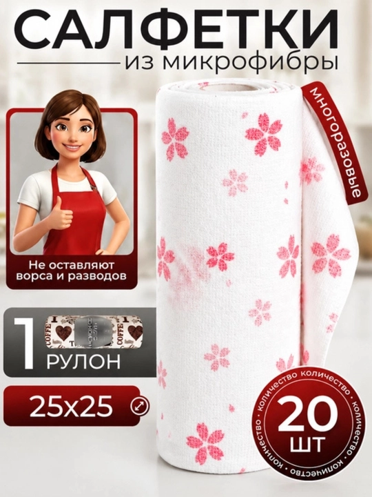 Универсальные рулонные многоразовые салфетки из микрофибры для уборки и мытья, 20 штук - 