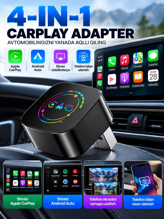 Avtomobil uchun CarPlay adapter 4 in 1 simsiz Android Auto ekran uzatish Q1AF RGB - 