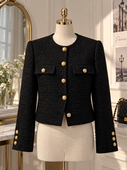 Ayollar uchun yoqasiz, uzun yengli, qisqa bukle jaket, tugmali