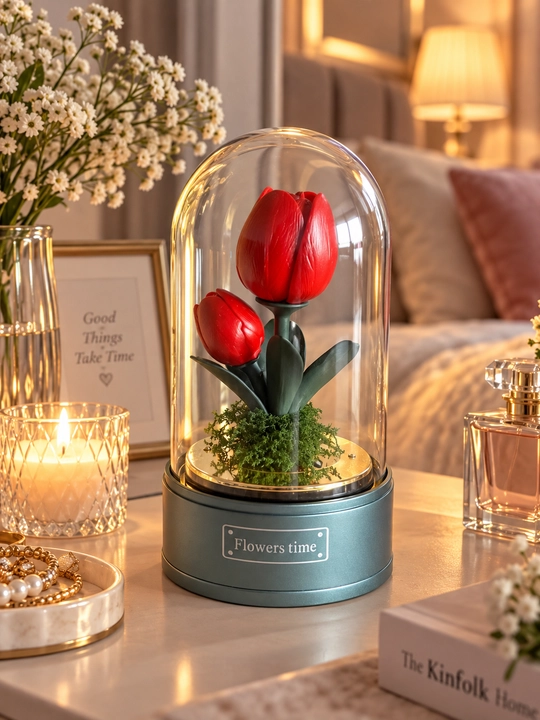 Музыкальный бокс Flowers Time, композиция с красными тюльпанами под стеклянным куполом