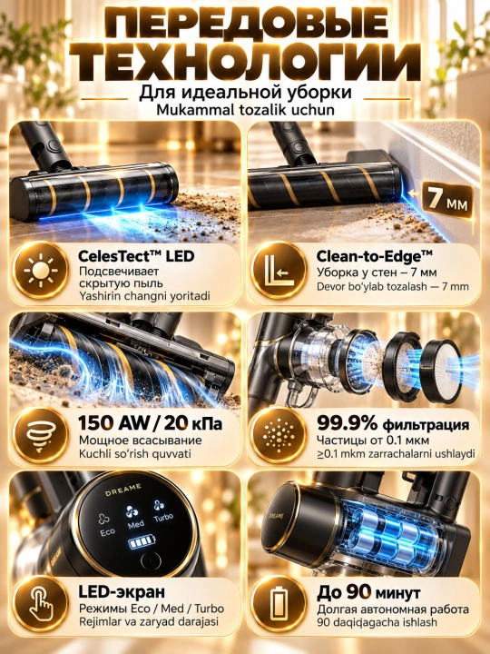 Беспроводной вертикальный пылесос Dreame R10S Pro, CelesTect LED, 150 АВт, 90 мин, чёрный