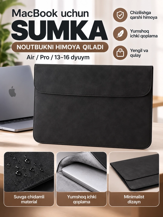Чехол-папка кожаный для MacBook Pro 15-16 дюймов, внутренняя сумка для ноутбука, чёрный - 