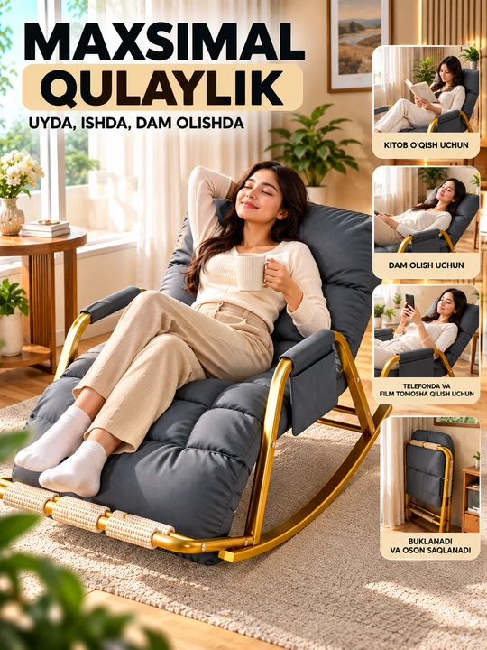Kreslo kachalka, bir o‘rinli, buklanadigan, yumshoq, uy uchun