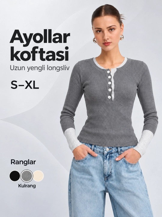 Ayollar uchun uzun yengli longsliv, tugmali kofta, kontrast yoqa va manjetli, S–XL - 