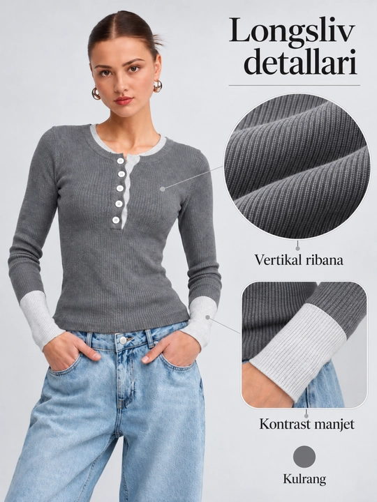 Ayollar uchun uzun yengli longsliv, tugmali kofta, kontrast yoqa va manjetli, S–XL