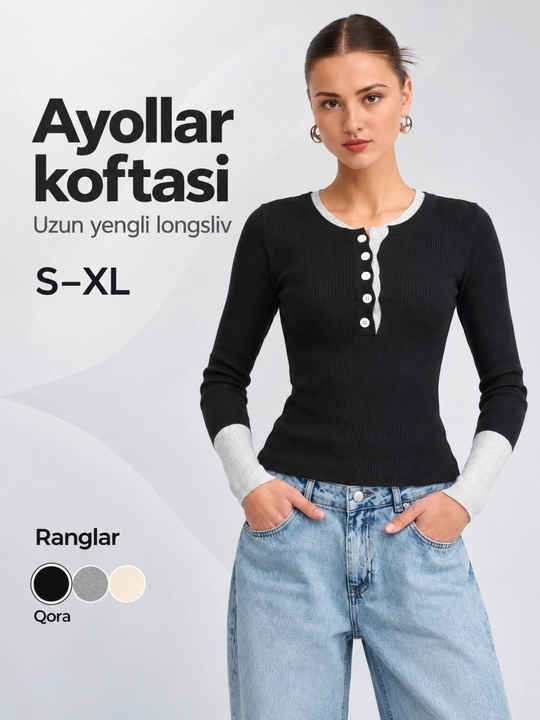 Ayollar uchun uzun yengli longsliv, tugmali kofta, kontrast yoqa va manjetli, S–XL - 
