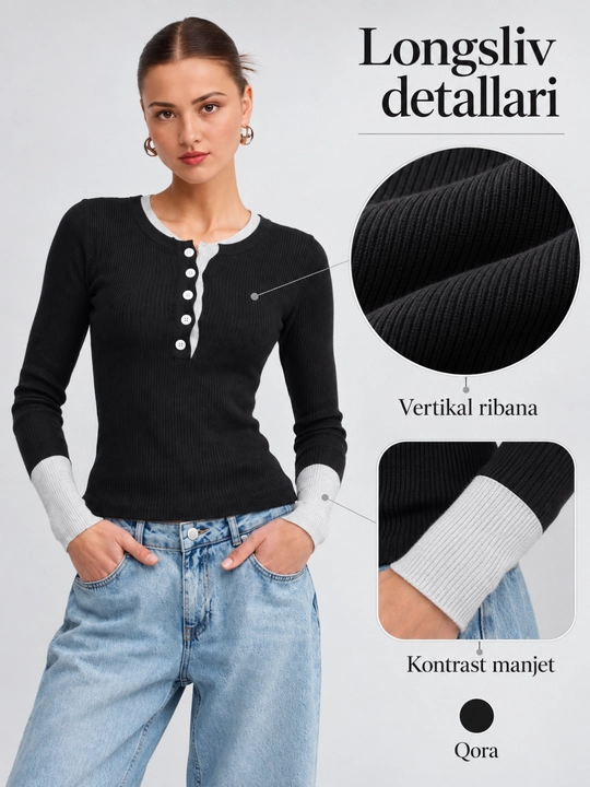 Ayollar uchun uzun yengli longsliv, tugmali kofta, kontrast yoqa va manjetli, S–XL