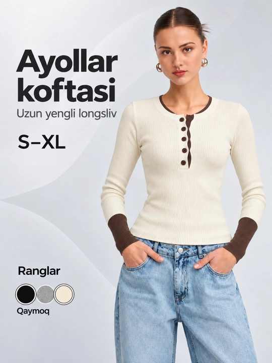 Ayollar uchun uzun yengli longsliv, tugmali kofta, kontrast yoqa va manjetli, S–XL - 