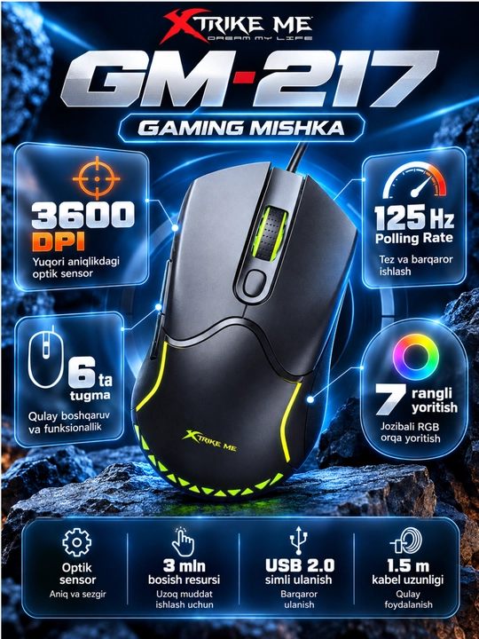 Mышка, игровые мышь RGB XTRIKE ME с чувствительностью от 1200 до 12800 DPI и точный прицел