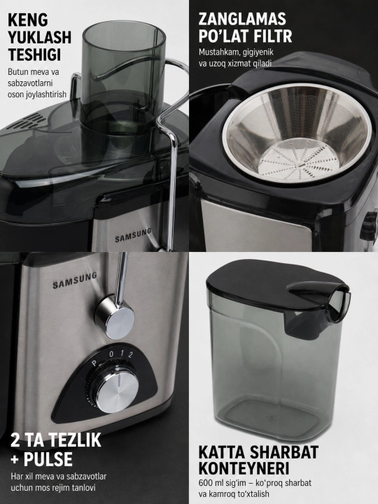 Elektrik sharbat chiqargich, 1000 W, 1 litr idish, 5 tezlik, zanglamas po‘lat filtr