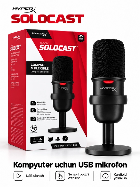 HyperXSoloCastUSBkondensatorlimikrofono‘yinlar,podkastlarvayozuvlarnistriming qilish uchun