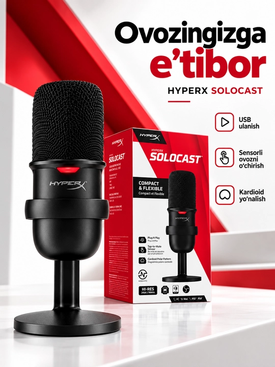 HyperXSoloCastUSBkondensatorlimikrofono‘yinlar,podkastlarvayozuvlarnistriming qilish uchun - 
