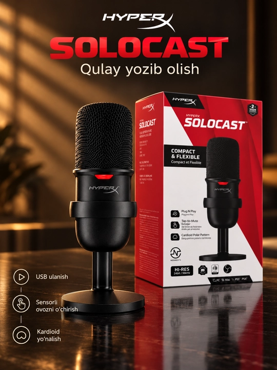 HyperXSoloCastUSBkondensatorlimikrofono‘yinlar,podkastlarvayozuvlarnistriming qilish uchun