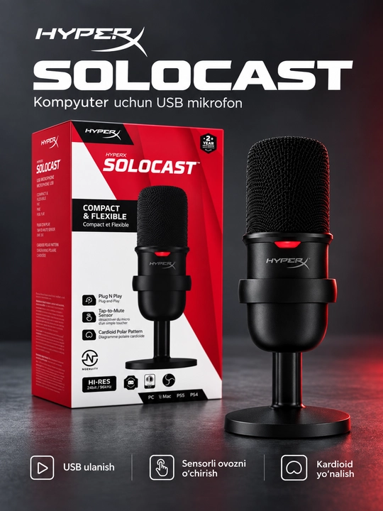 HyperXSoloCastUSBkondensatorlimikrofono‘yinlar,podkastlarvayozuvlarnistriming qilish uchun