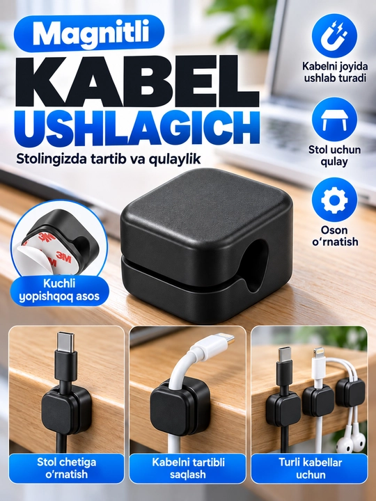 Magnitli kabel ushlagichi, stol uchun sim tartiblagich va fiksator, 5 dona - 
