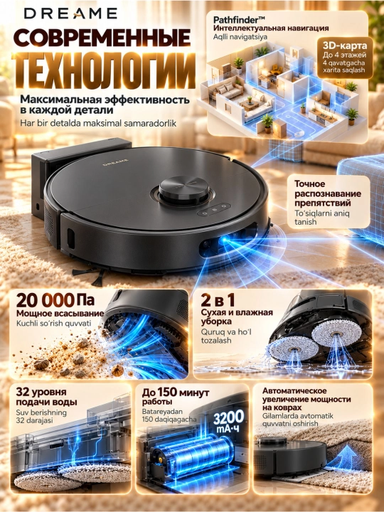 Робот-пылесос Dreame F21 Plus с влажной и сухой уборкой, умной навигацией