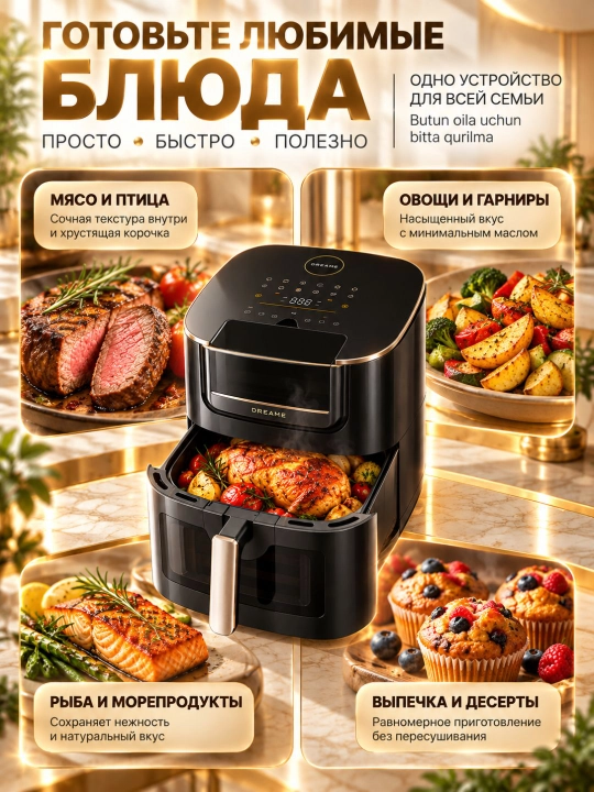 Dreame AF30 Black 7L aerogrill SmartSteam bug‘ texnologiyasi, 2300 Vt, keramika qoplama