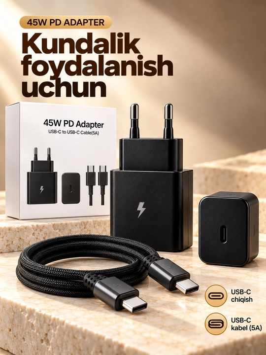 Samsung zaryadlash qurilmasi 45 Vt, 25 Vt, Type-C kabeli, tez zaryadlash qurilmasi