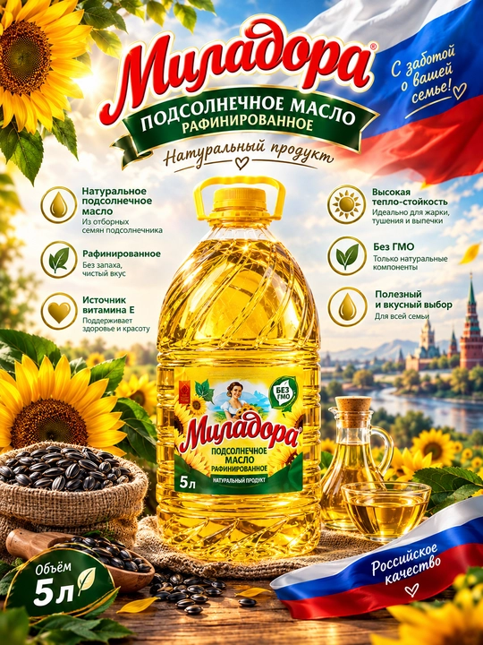 Масло подсолнечное Миладора рафинированное дезодорированное, 5 л - 