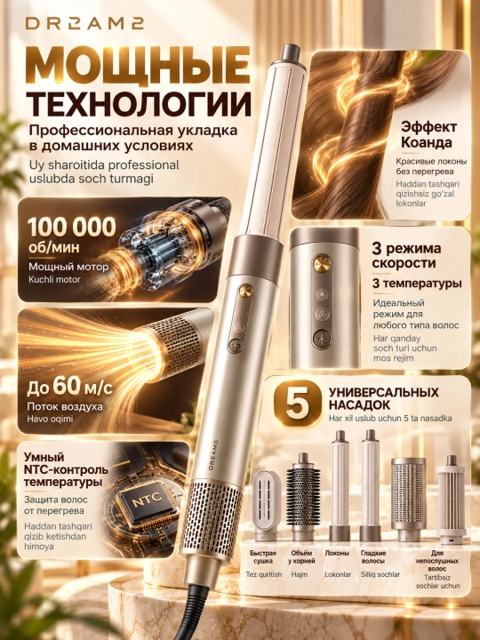 Стайлер Dreame AirStyle, AirStyle PRO, 1400 Вт, 5 насадок, ионный, 4 режима