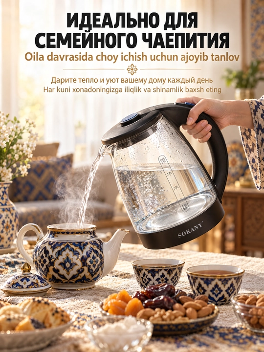SOKANY SK-09068 elektr choynak, 1.8L, 1500Vt, shisha korpus, 360° aylanadigan taglik