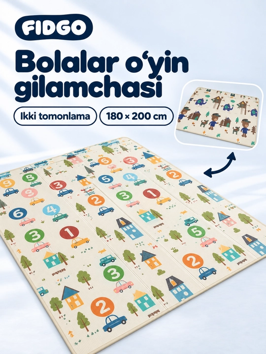 FIDGO bolalar o‘yin gilamchasi, ikki tomonlama, yumshoq, emaklash uchun - 