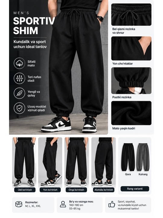 Erkaklar sport shimlari, jogger, kundalik va sport uchun