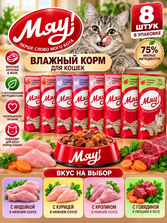 Влажный корм для кошек «Мяу!» — набор 8 шт., 4 вкуса на выбор - 